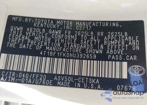 2017 Toyota Camry Le/Se/Xle/Xse from USA, damaged, VIN 4T1BF1FK0HU392659